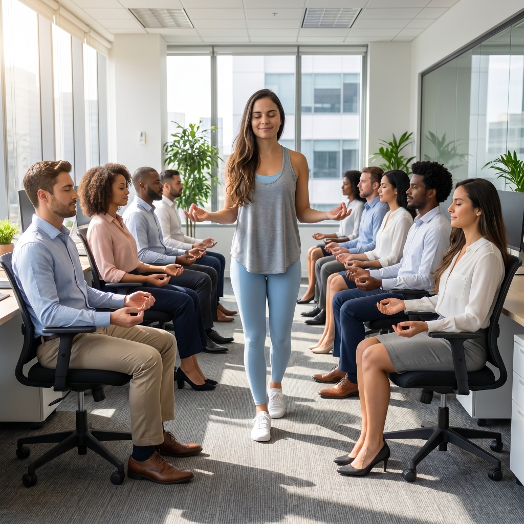 Professora Lindaura conduzindo prática corporativa de yoga e meditação
