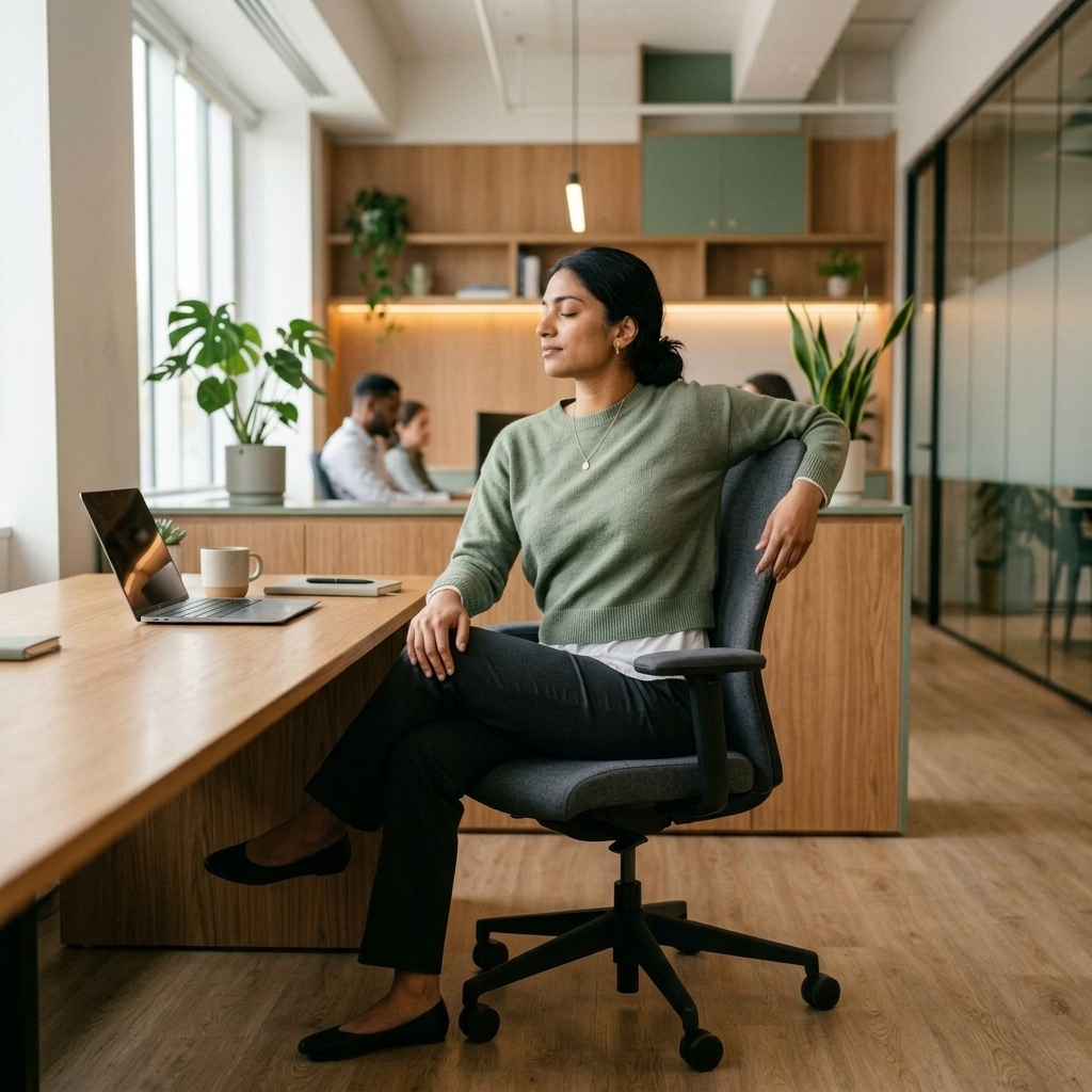Colaboradora praticando torção suave na cadeira (Yoga Light)