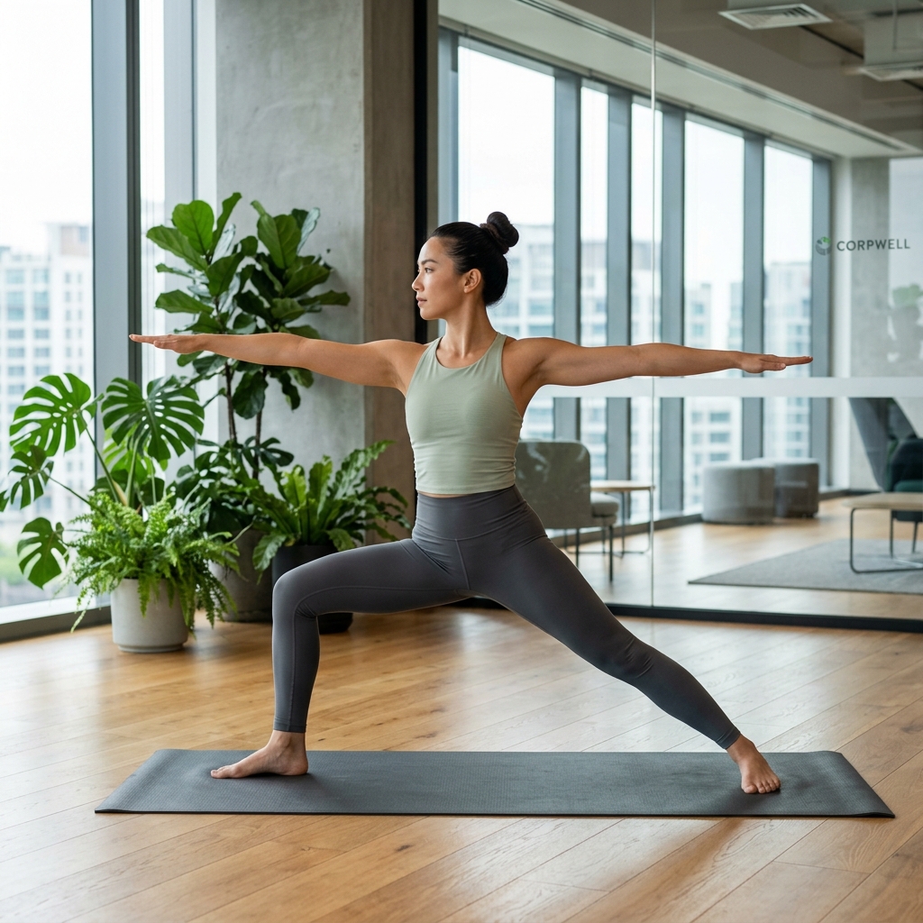 Colaboradora na postura do Guerreiro 2 (Yoga Convencional)
